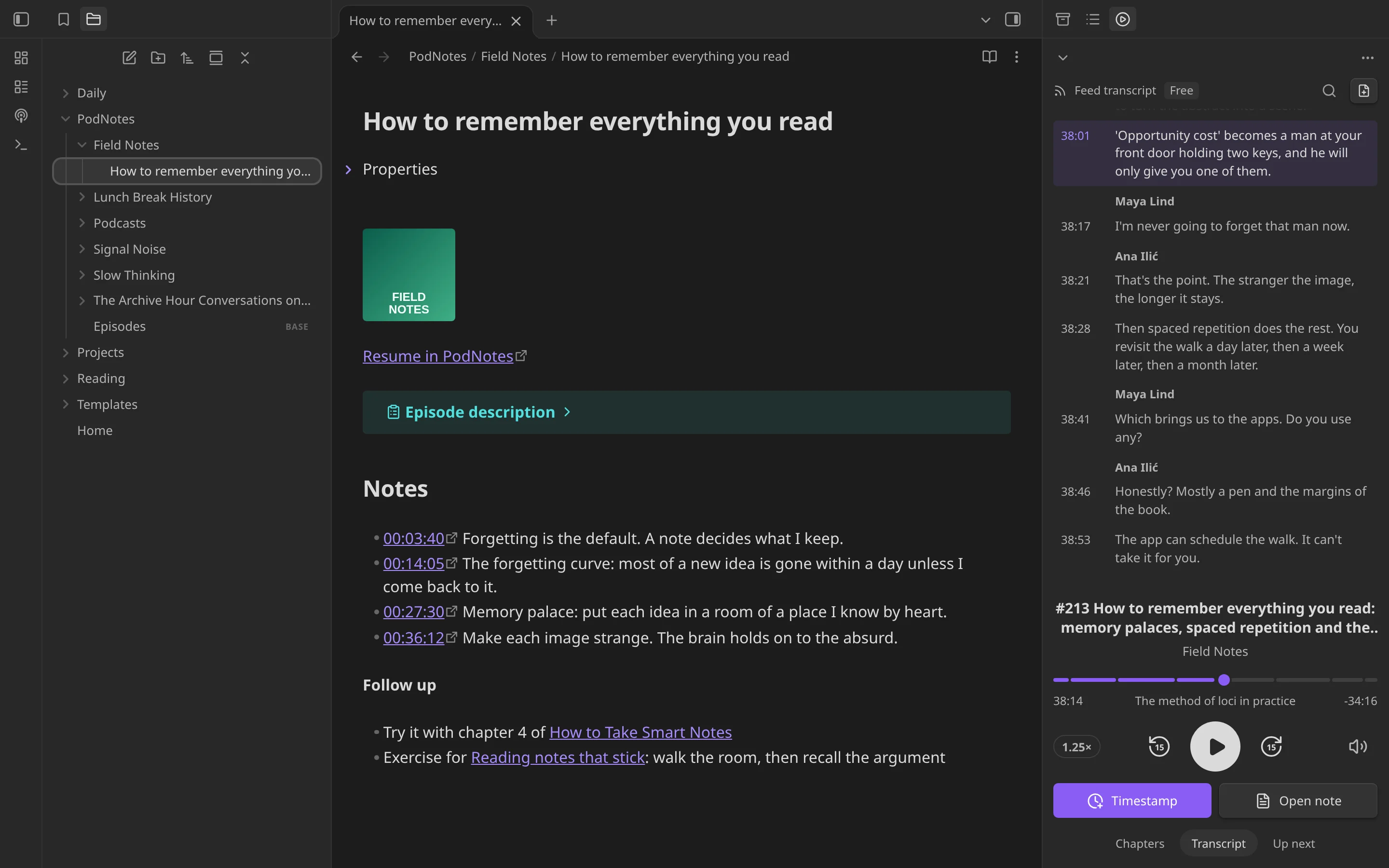 An episode note in Obsidian with timestamp links captured from the episode in PodNotes
