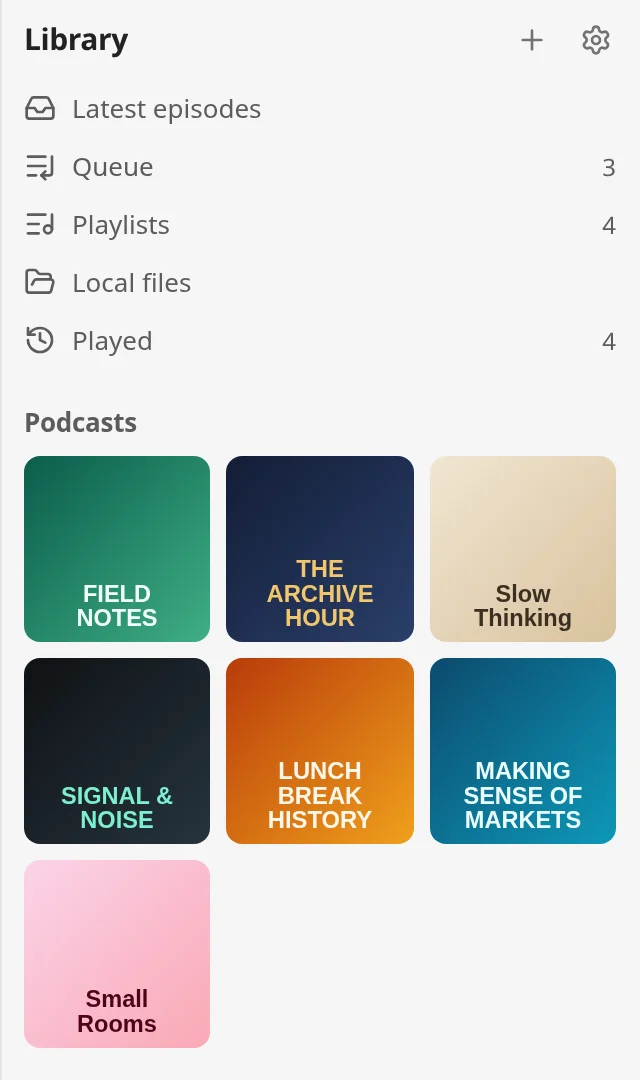The PodNotes Library in the sidebar, with the Latest episodes, Queue, Playlists, Local files, and Played rows above the artwork of seven podcasts