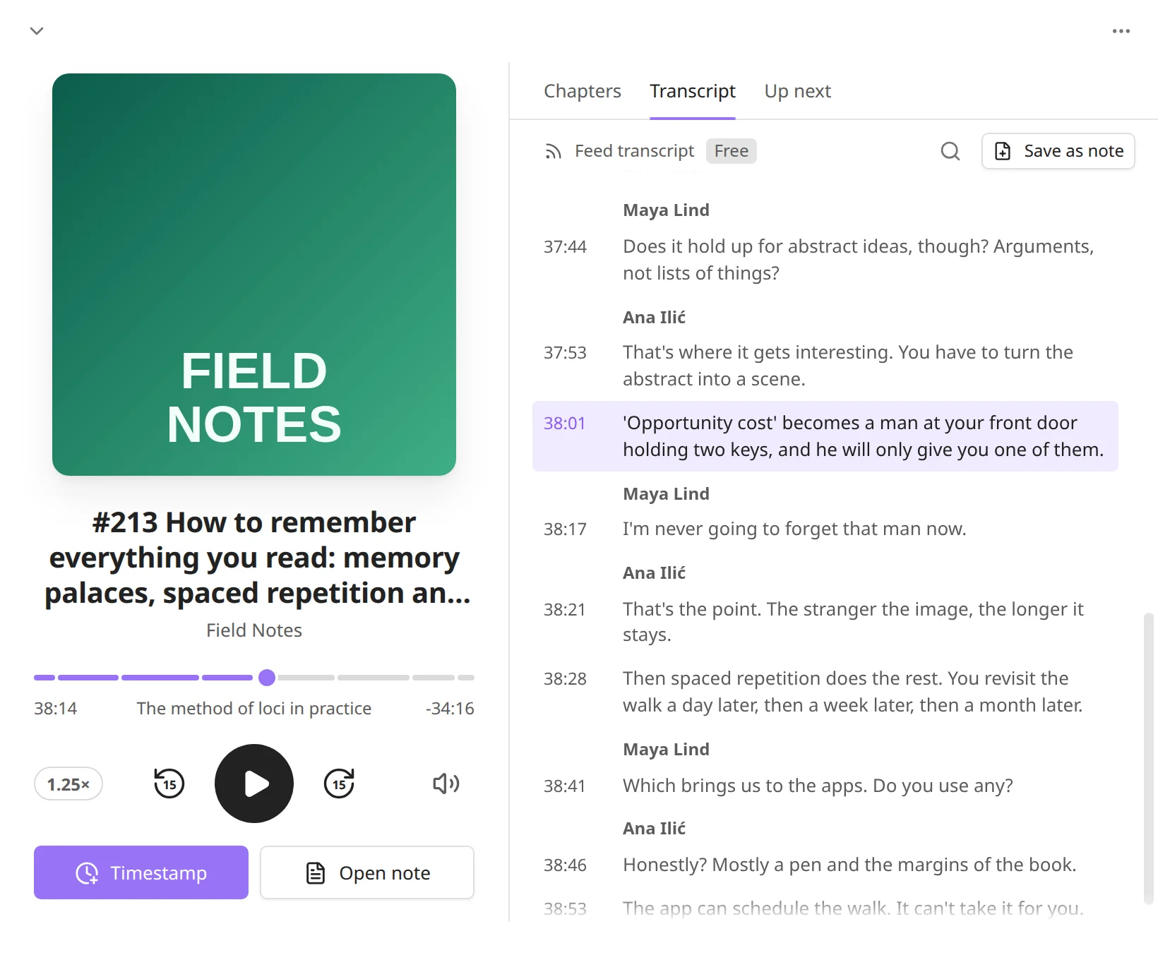 The Transcript panel of the full player, with timed lines, speaker names, and the current line highlighted